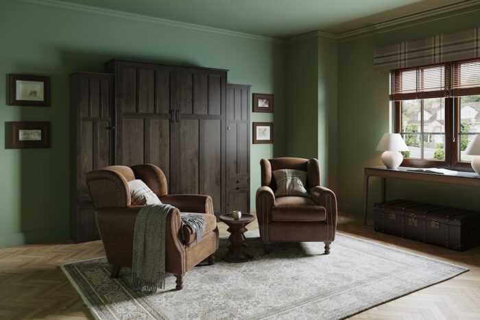 Murphy bed in room with chairs and rug